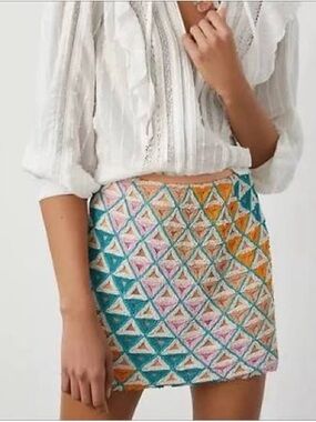 Anthropologie Beaded Geometric Mini Skirt
